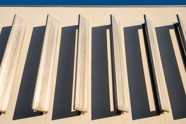 Des lames verticales d'aluminium qui projettent de longues ombres sur un mur blanc.