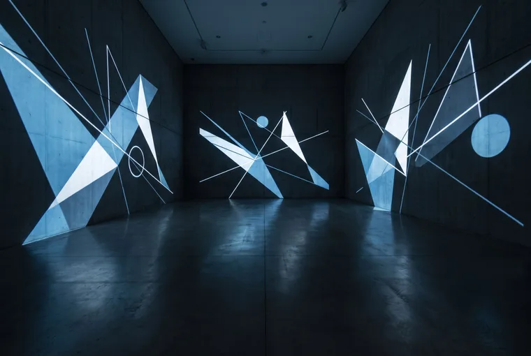 Des triangles, des lignes et des cercles de lumière projetés dans une salle sombre.